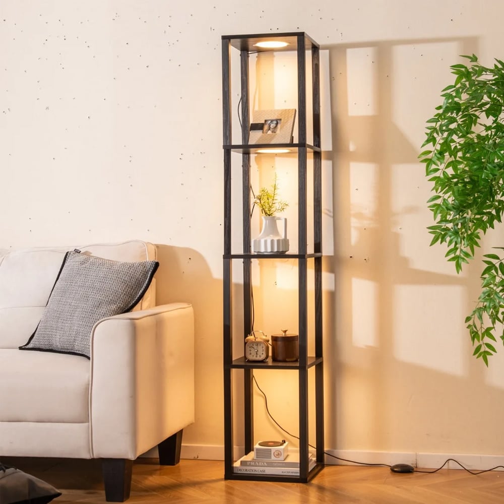 Golvlampa med hyllor och dimbart LED-ljus