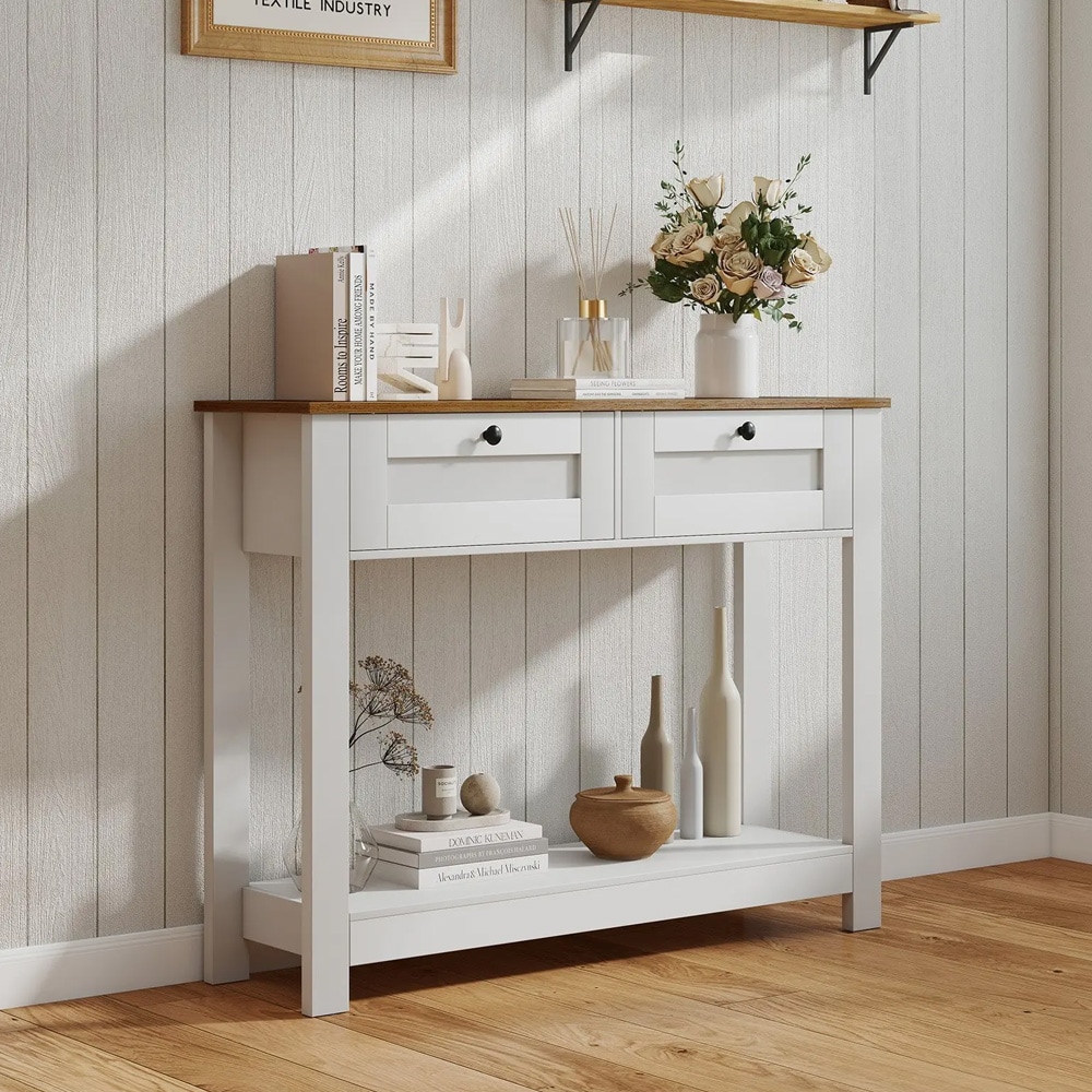 Konsolbord med 2 lådor och hylla 106 cm – Vit/Trä