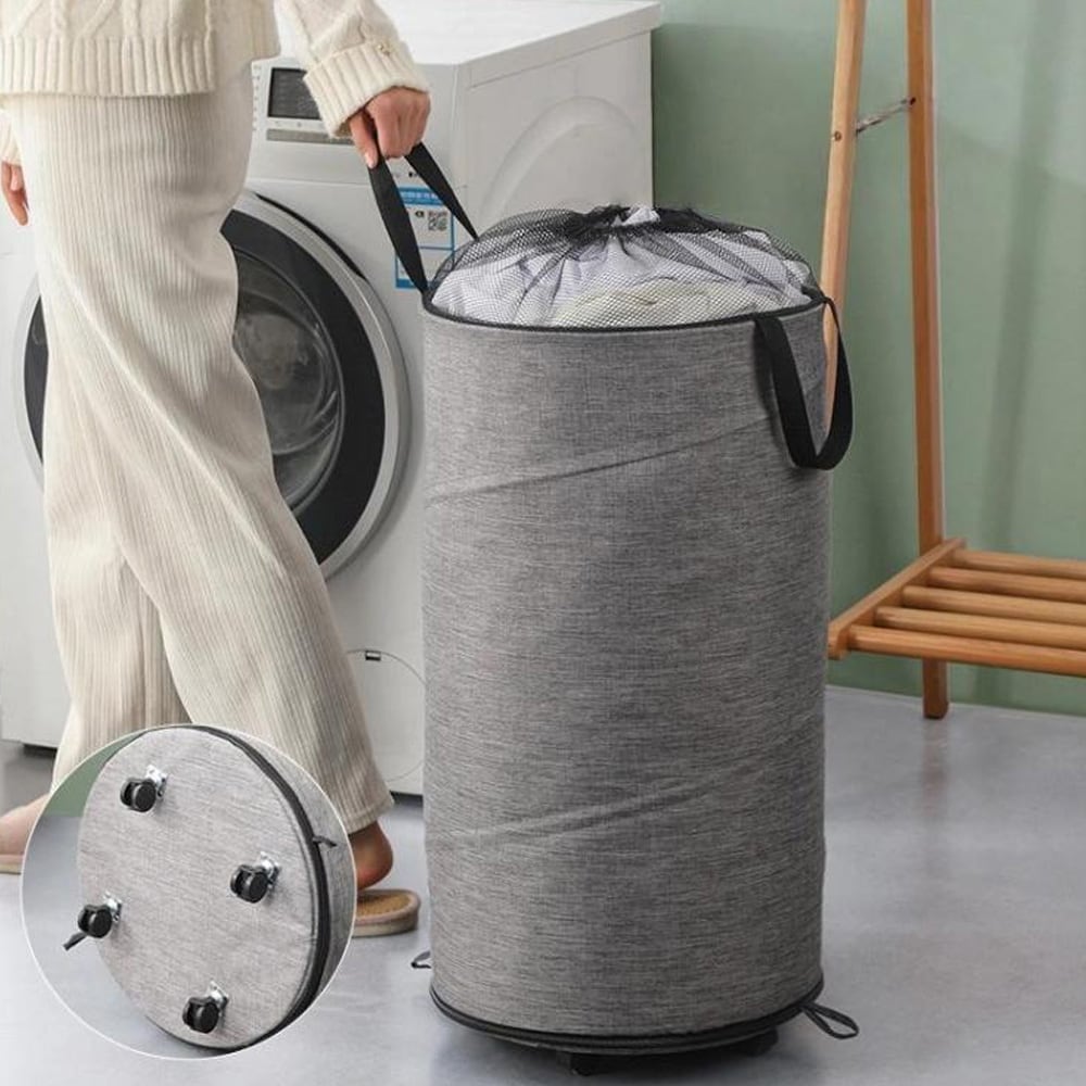 Tvättkorg med hjul och bärrem - Grå