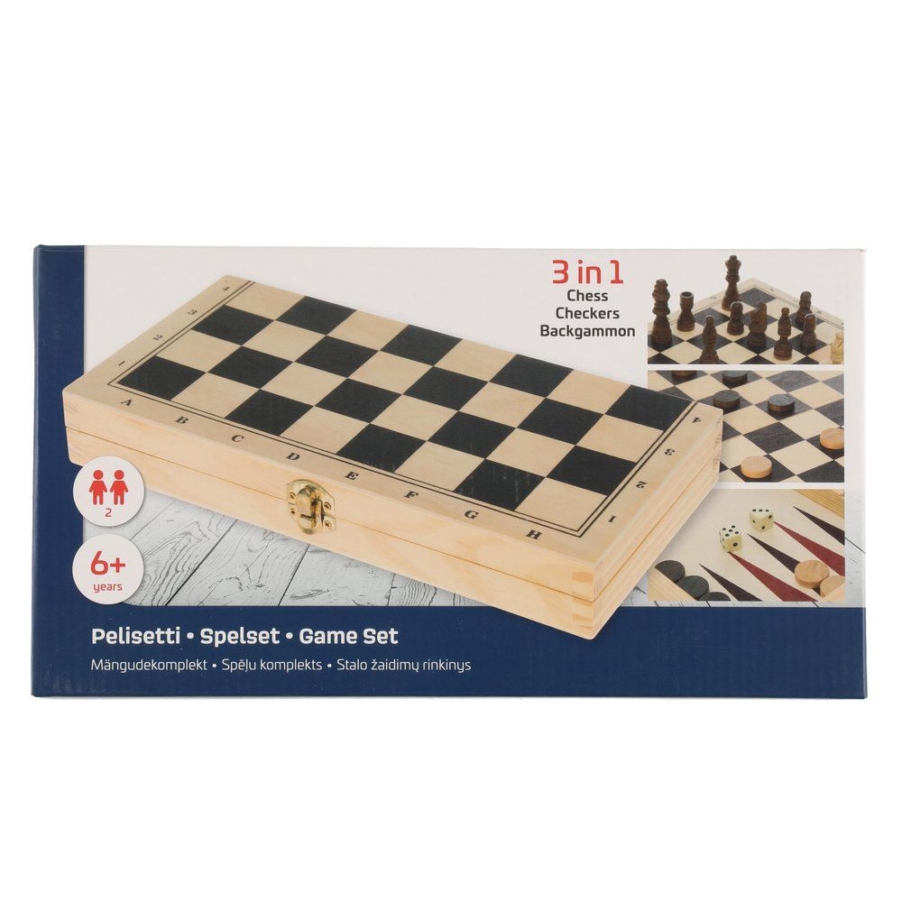 3-i-1 brädspel – schack, dam och backgammon i trä