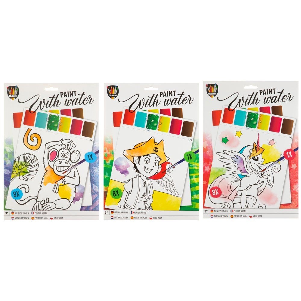 Vattenfärgsbilder A4 med pensel – 8 motiv för barn 3+