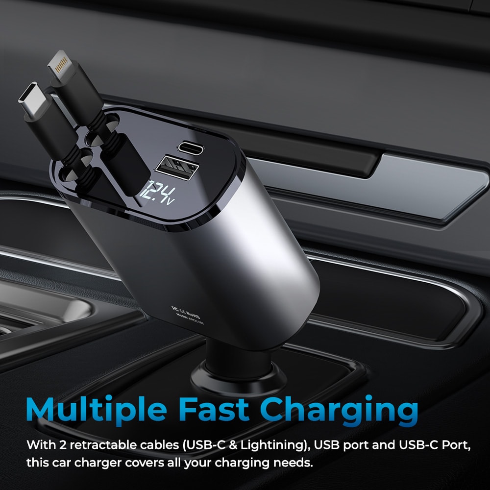 AutoSky 4-in-1-autolaturi, jossa on sisäänvedettävät Lightning- ja USB-C-kaapelit