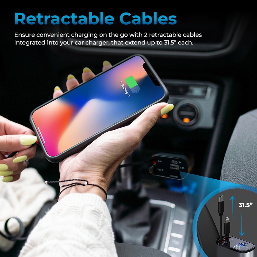 AutoSky 4-in-1-autolaturi, jossa on sisäänvedettävät Lightning- ja USB-C-kaapelit