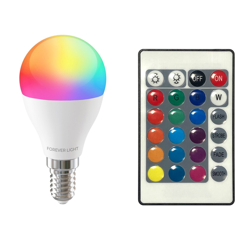 LED-lampa RGB E14 G45 5W 500lm 4000K med fjärrkontroll