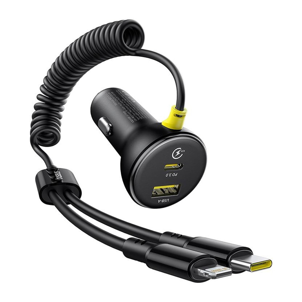 Baseus Billaddare med USB-C och USB + Lighting och USB-C-Kabel PD 60W - Svart