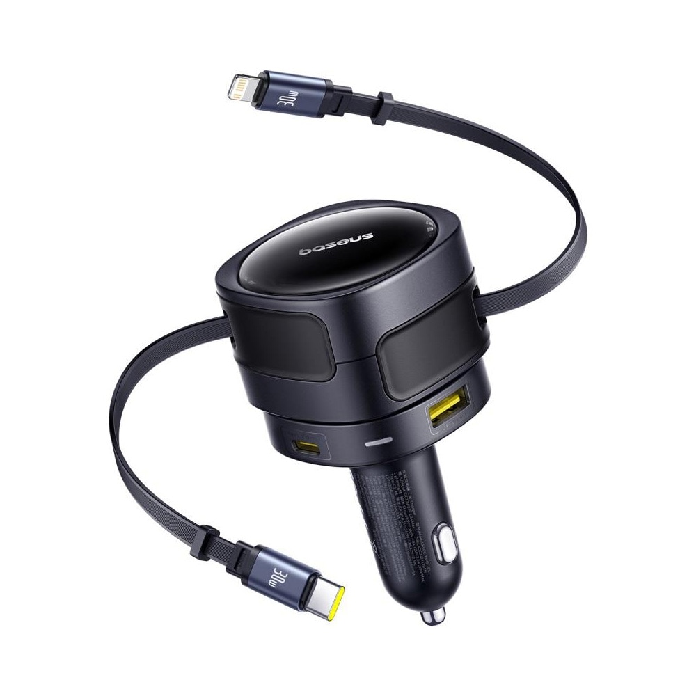 Baseus Billaddare med 1xUSB-C, 1xUSB PD 90W + inbyggd USB-C- och Lightingkabel - Svart