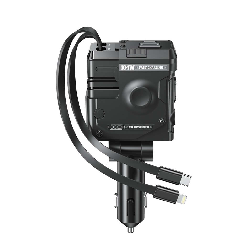 XO Billaddare med 1xUSB, 1xUSB-C 104W med inbyggd USB-C- och Lightningkabel