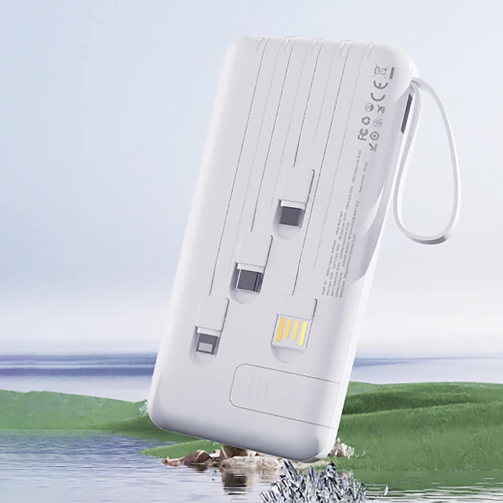 Dudao K11 10000mAh Powerbank med inbyggda USB-kablar - Vit