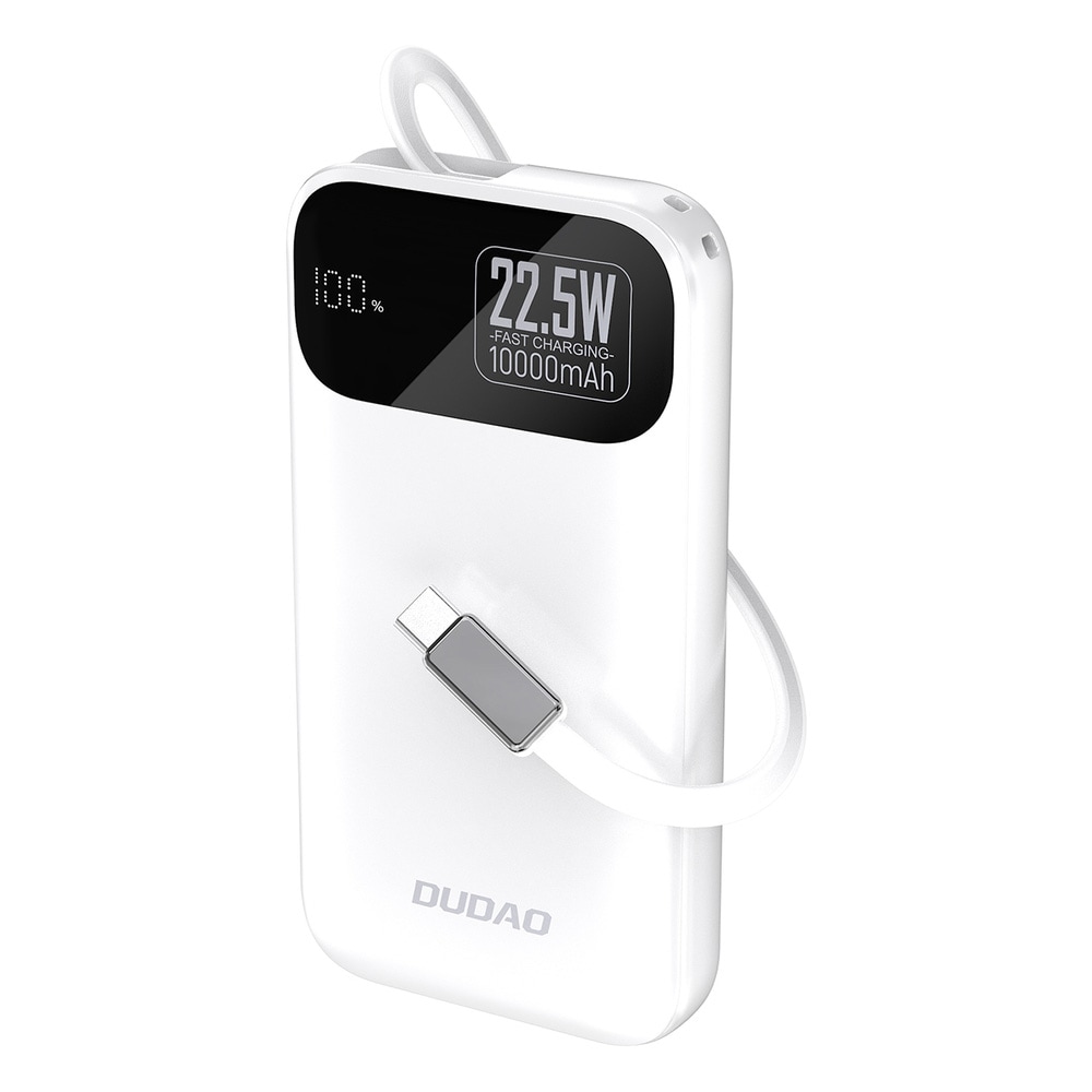 Dudao K31 10000 mAh 22,5W PD Powerbank med inbyggd USB-C-Kabel - Vit