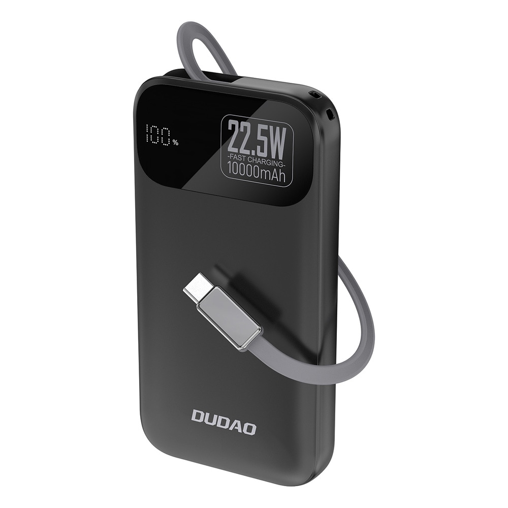 Dudao K31 10000 mAh 22,5W PD Powerbank med inbyggd USB-C-Kabel - Svart
