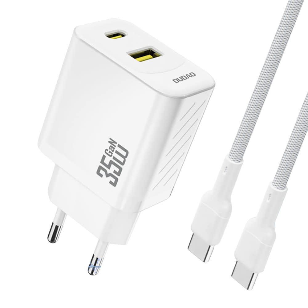 Dudao 35W GaN-väggladdare med USB-C, USB-A och USB-C-kabel – Vit