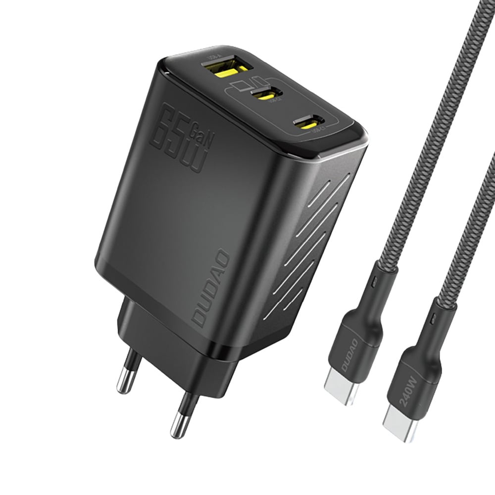 Dudao 65W GaN Väggladdare med USB-C, USB-A och USB-C-kabel – Svart