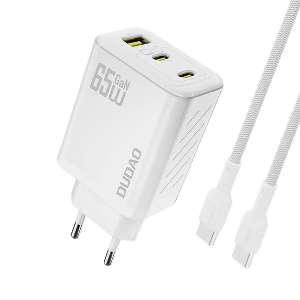 Dudao 65W GaN Väggladdare med USB-C, USB-A och USB-C-kabel – Vit