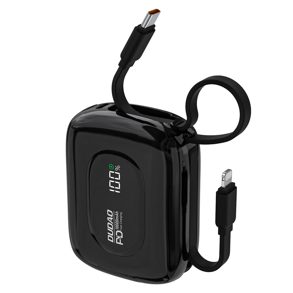 Dudao Powerbank 22,5W 10000mAh med inbyggd USB-C- och lightningkabel - Svart