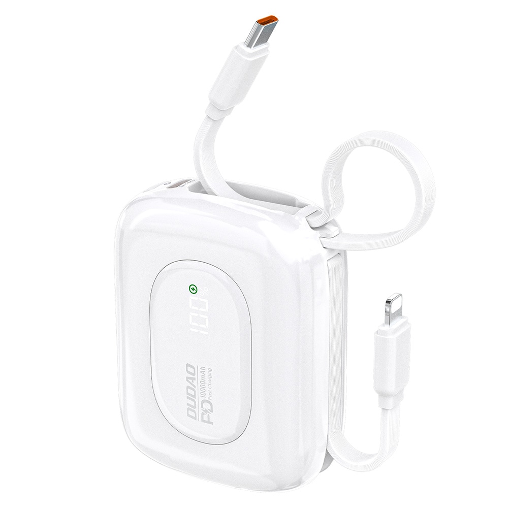Dudao Powerbank 22,5W 10000mAh med inbyggd USB-C- och lightningkabel - Vit