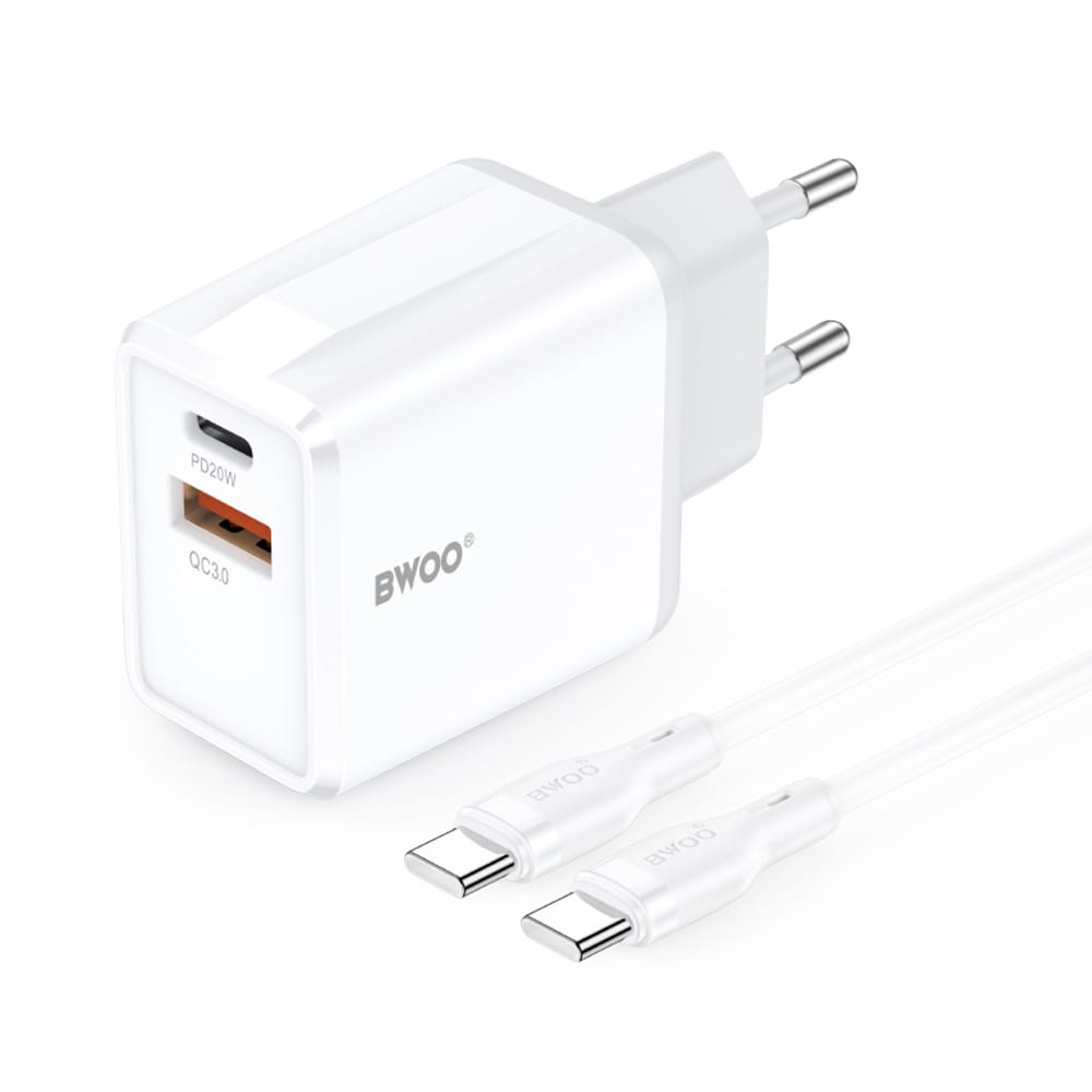 BWOO Väggladdare 38W QC med USB och USB-C + USB-C-Kabel 1m