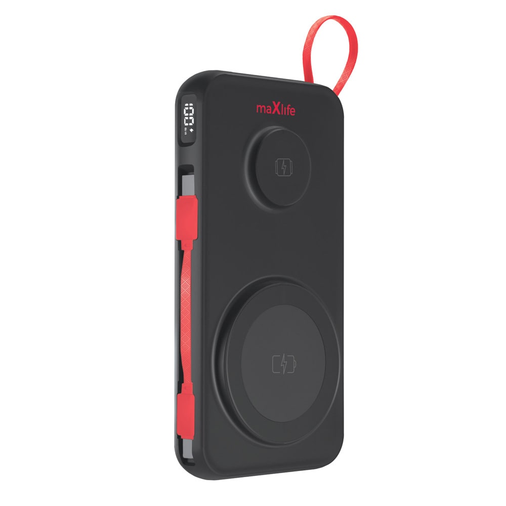 Maxlife Powerbank 10000 mAh med trådlös laddning och inbyggd USB-C-kabel