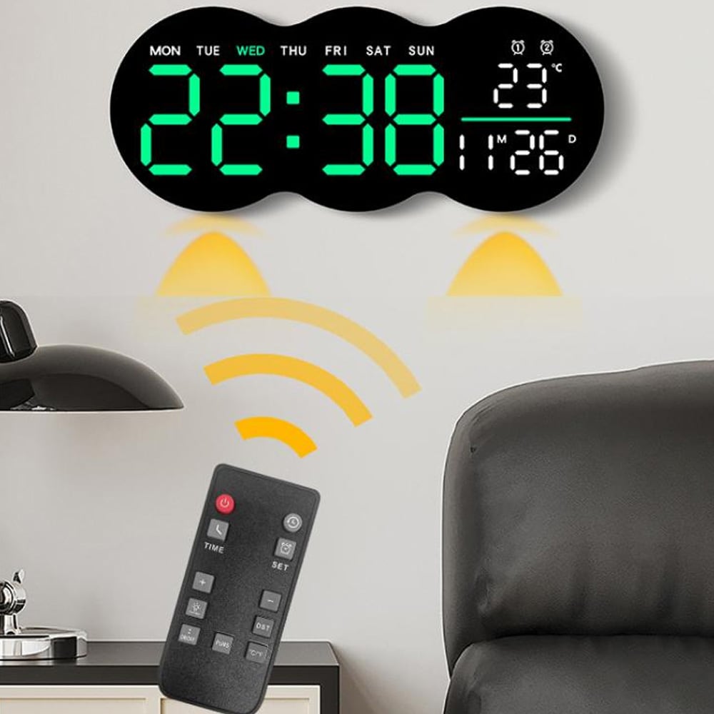 Digital väggklocka / LED-klocka / klocka med datum / temperatur / veckodag / timer / fjärrkontroll