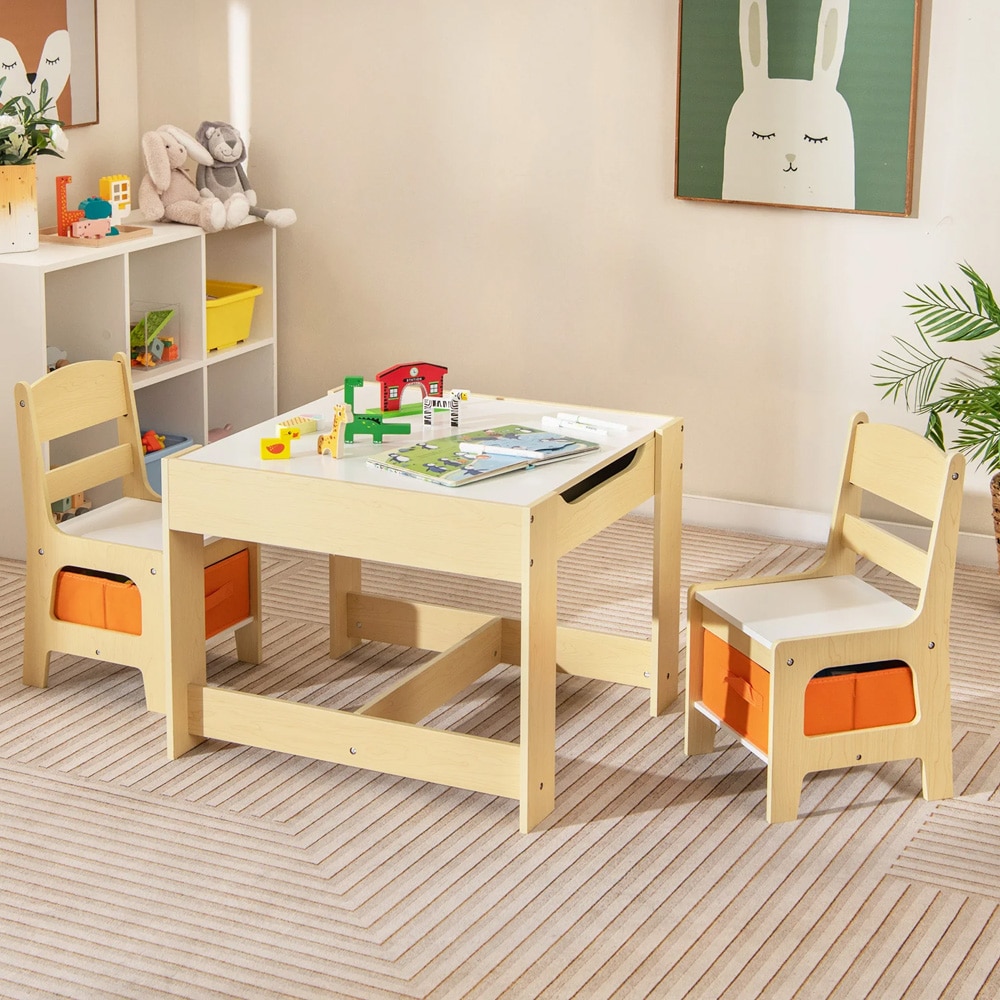 3-i-1 Aktivitetsbord med två stolar för barn – Natur / grå