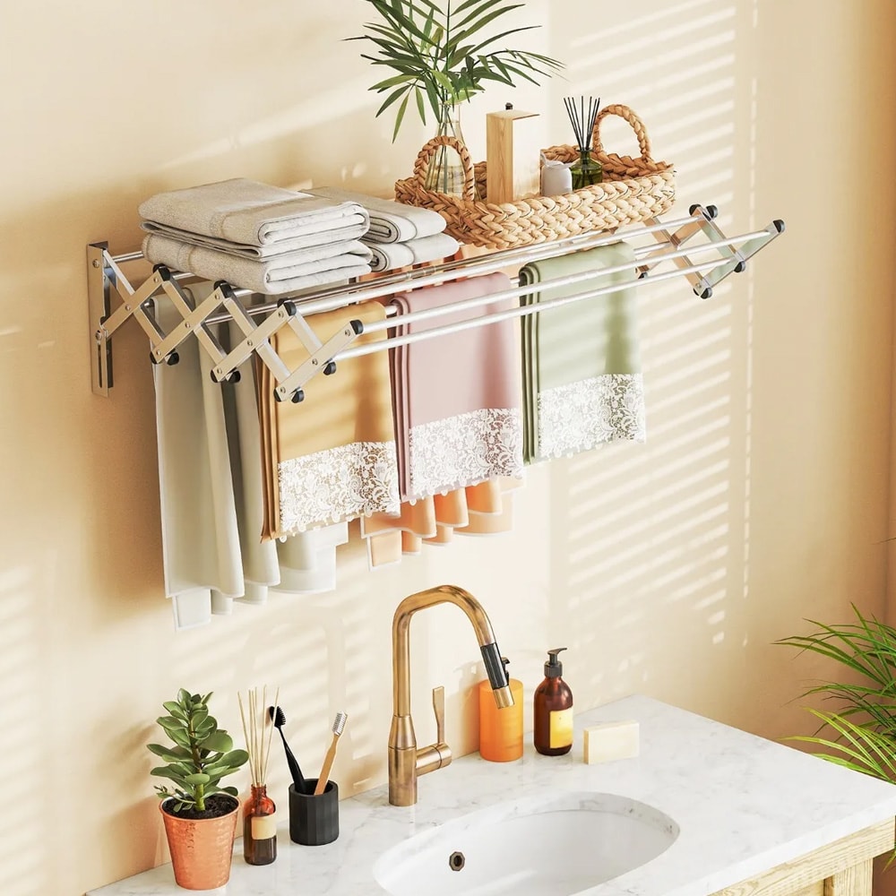 Utdragbar väggmonterad tvätthängare i rostfritt stål med 8 stänger