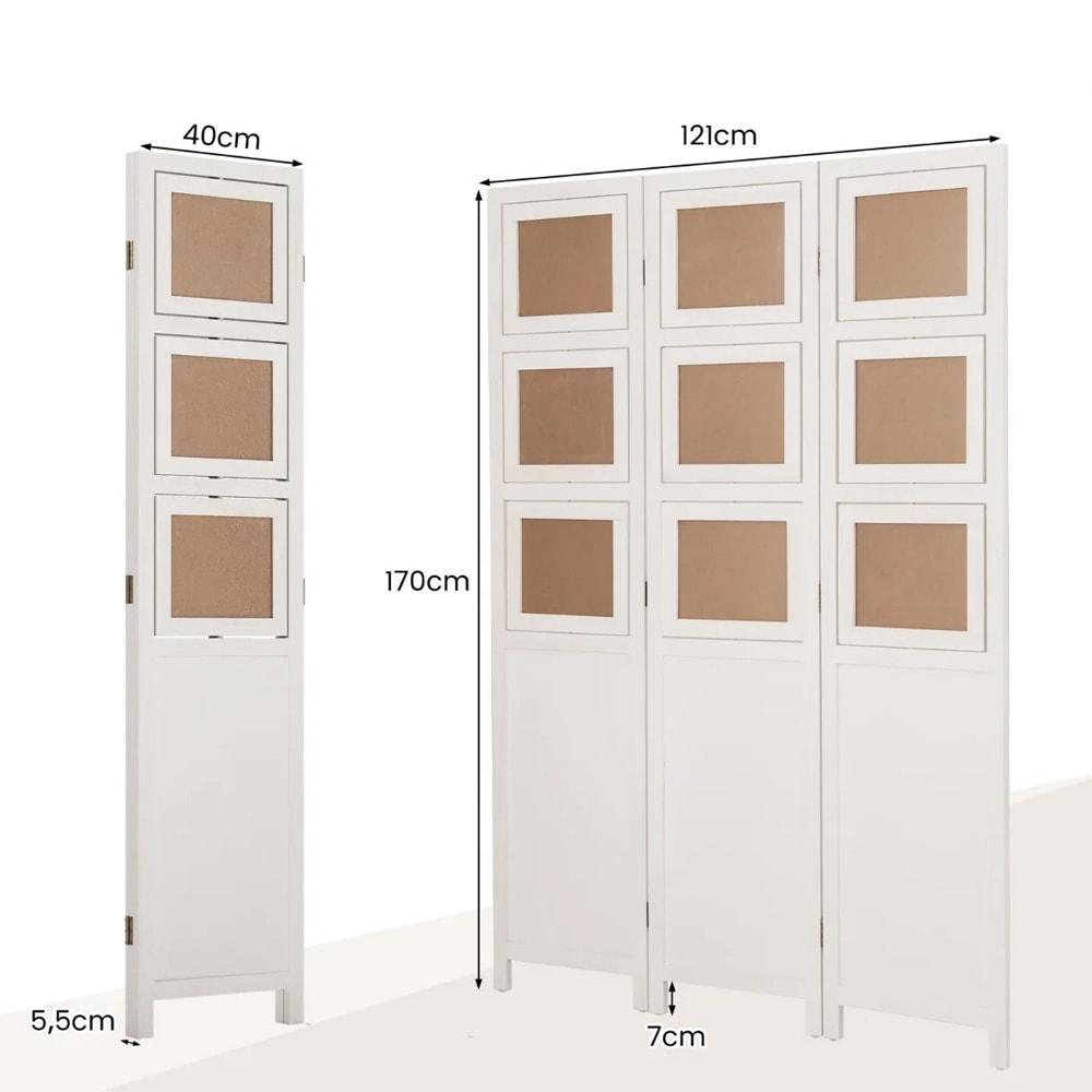 Rumsavdelare med 3 paneler och 9 fotoramar H170cm - Vit