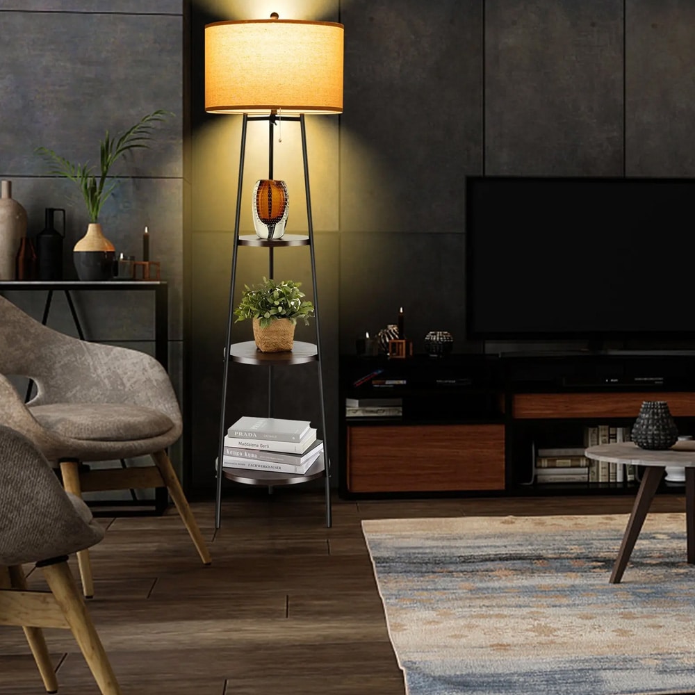 Golvlampa med 3 hyllor – Svart
