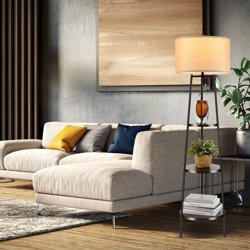 Golvlampa med 3 hyllor – Svart