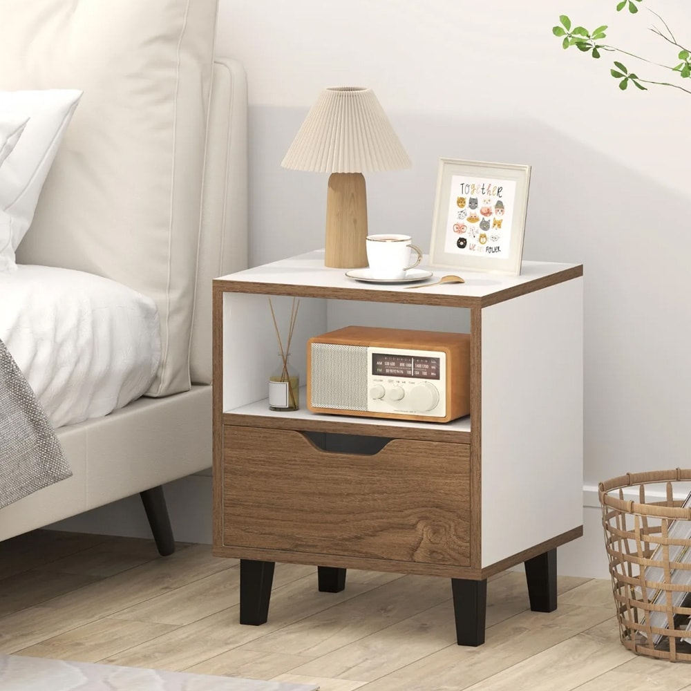Sängbord / sidobord med låda och hylla – Natur/vit