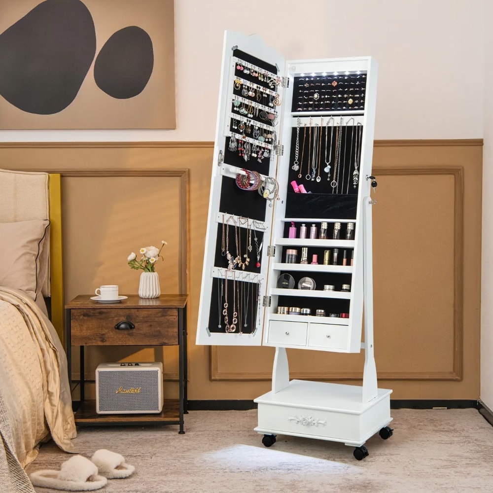 Spegelskåp med smyckesförvaring på hjul med lås, LED-belysning och justerbar lutning