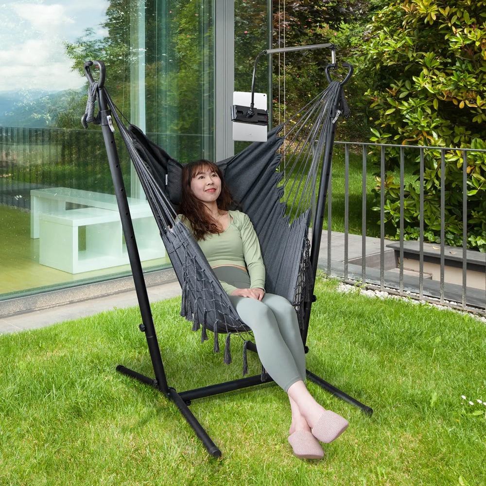 Justerbar hammock i stålställning – grå, med kudde, ficka och mobilhållare