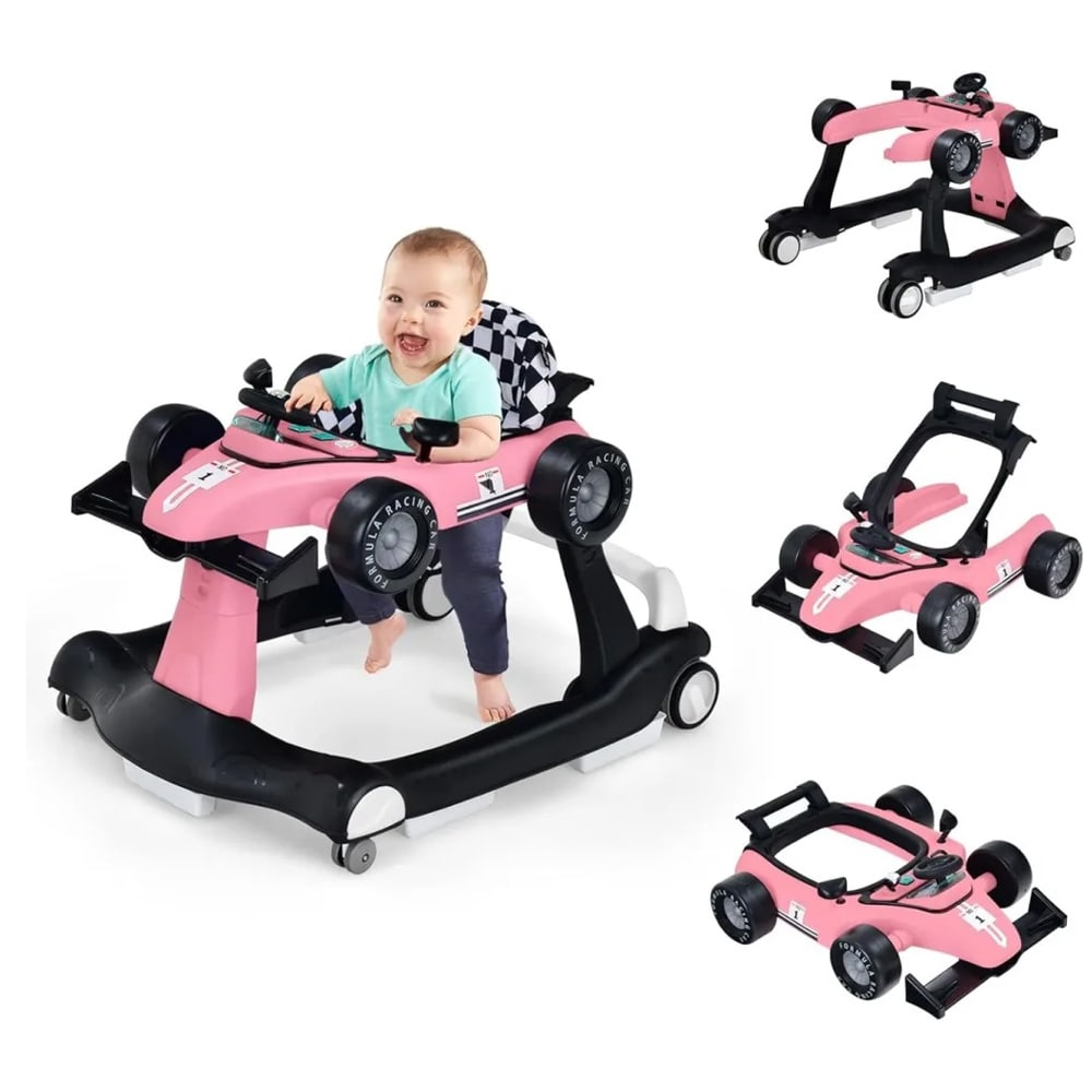 4-i-1 gåstol i racerbilform – svart/rosa, justerbar och hopfällbar