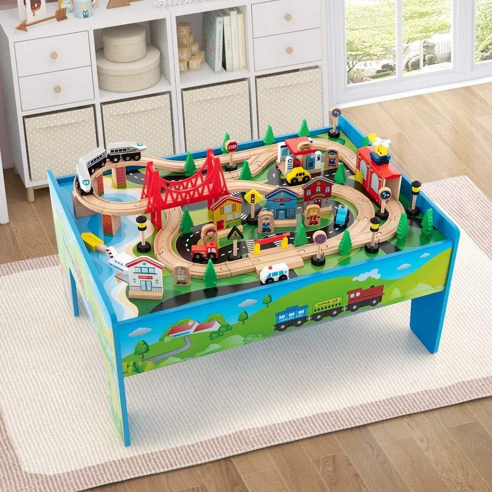 80-delars trätågset med bord – färgglad järnvägsbana för barn