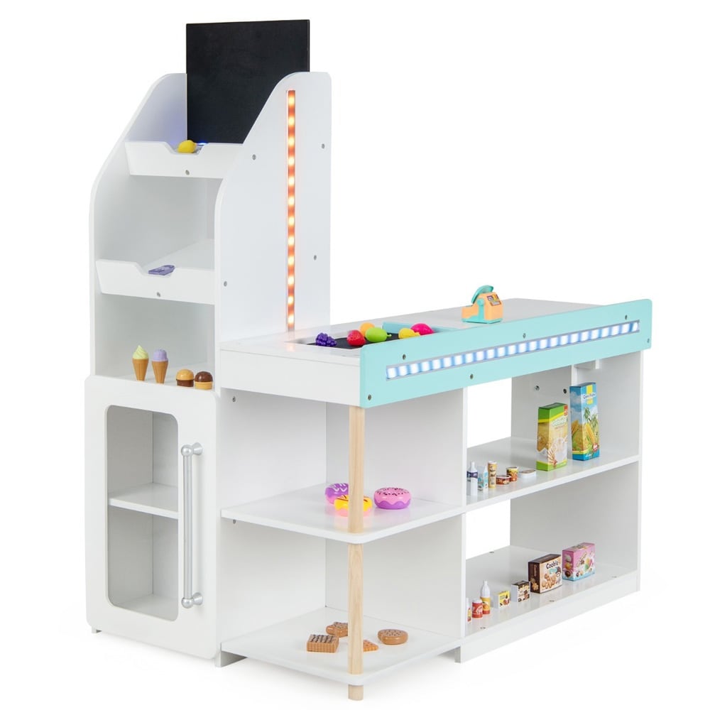 Leksaksaffär i trä för barn med LED-belysning, kundvagn och 39 tillbehör - Vit