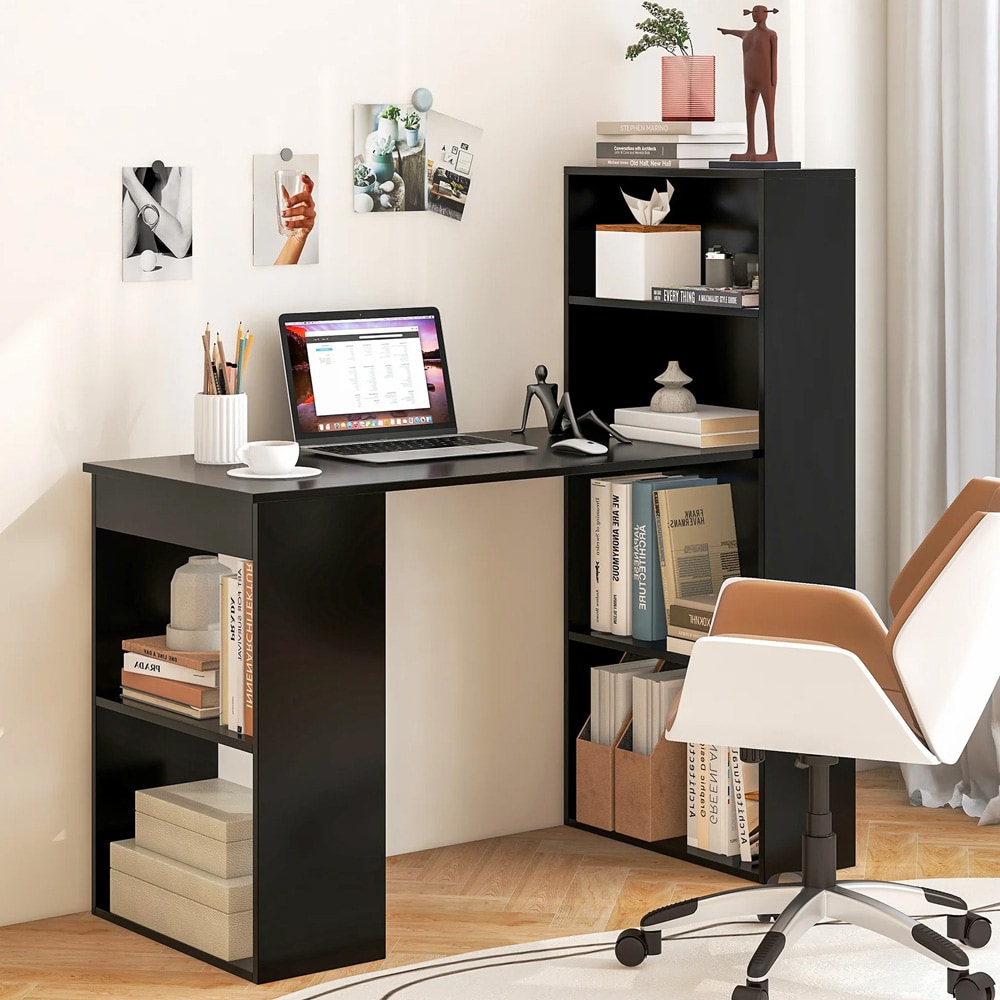Datorskrivbord i svart med bokhylla, avtagbar hylla och rymlig arbetsyta