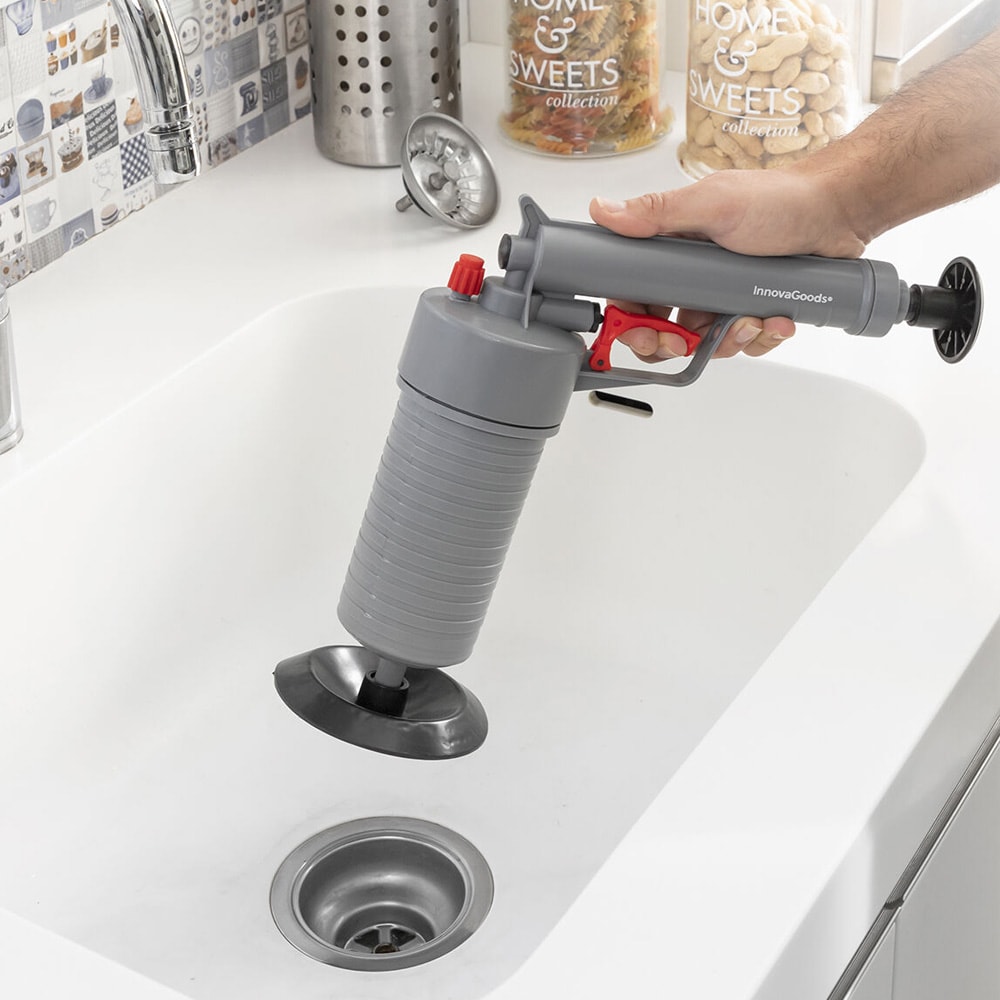 Tryckluftspistol för rengöring av avlopp med universella adaptrar och kemikaliefri rensning