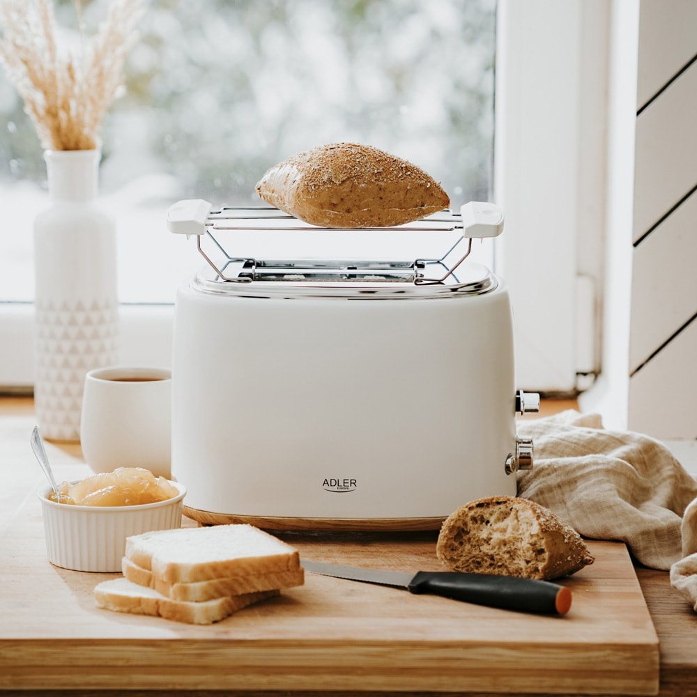 Brödrost med brödhylla, 6 rostningsnivåer och kompakt design - Vit