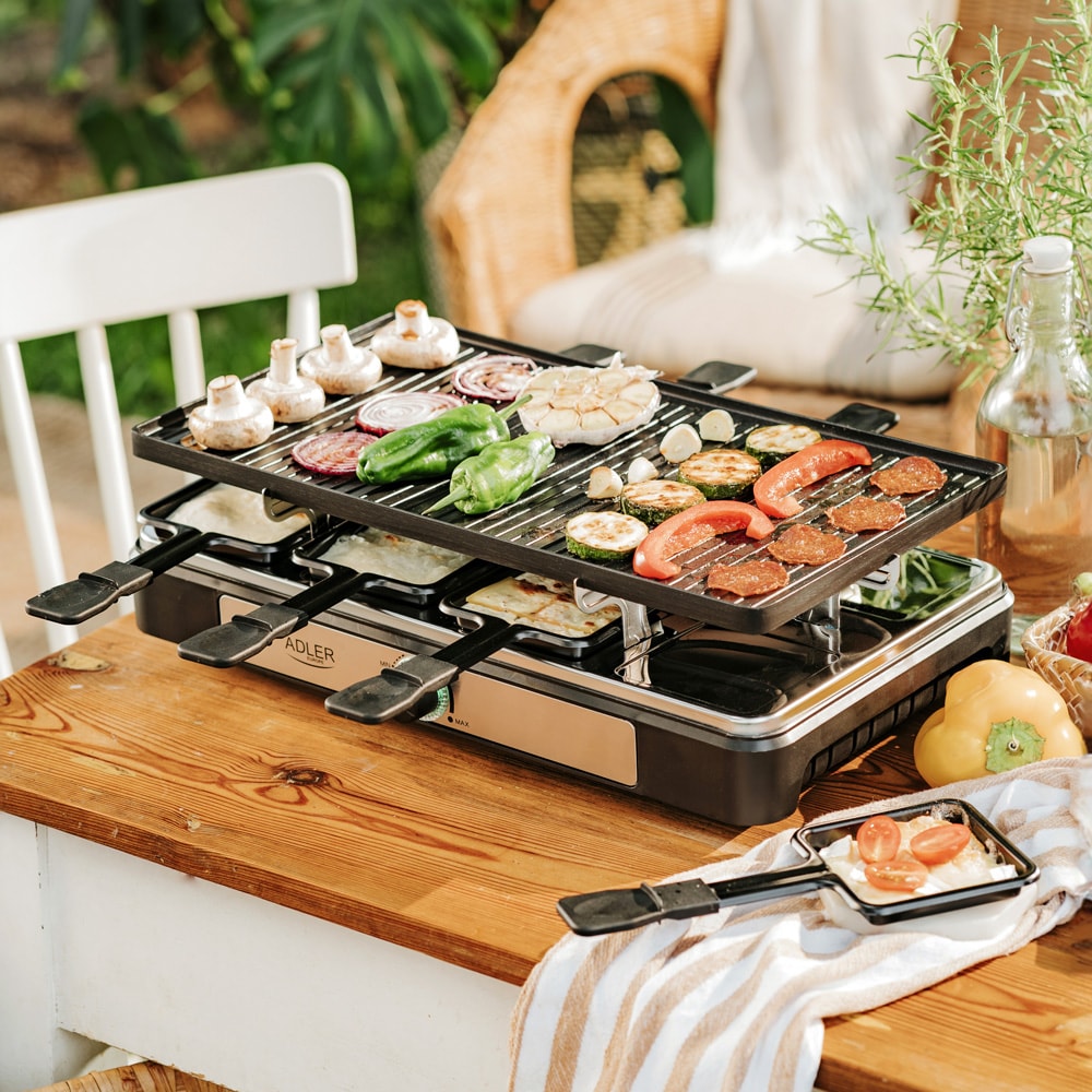 Raclette – Elektrisk bordsgrill med dubbelgrillad platta och 8 raclettepannor