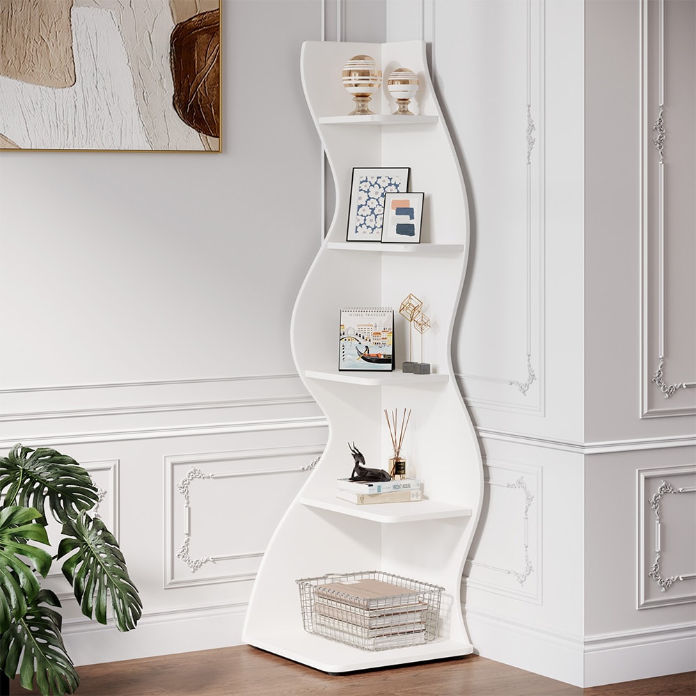 Vit hörnbokhylla / hörnhylla / bokhylla med 5 justerbara hyllor i modern design