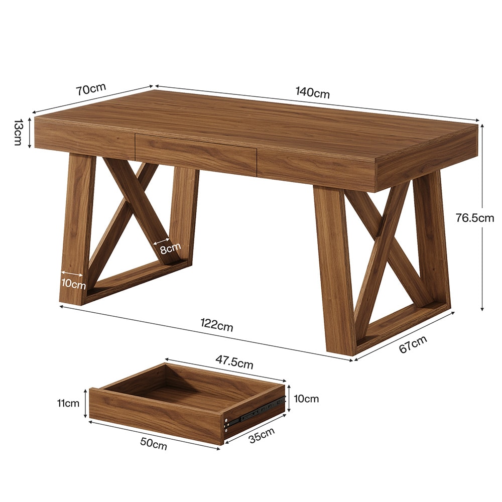 Skrivbord i trä med en låda - Brun / skrivbord med förvaring i retrostil / arbetsbord med låda för hemmakontor
