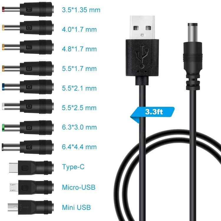 11i1 Strömkabel med USB och 11 olika adaptrar för 5 V-enheter