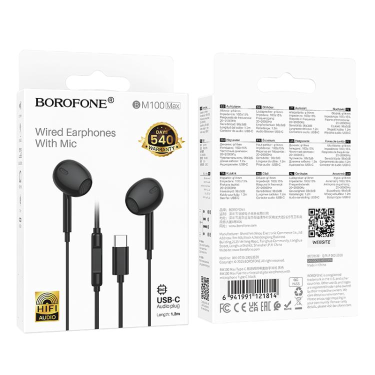 Borofone BM100 In-Ear Headset med USB-C 1,2m - Svart