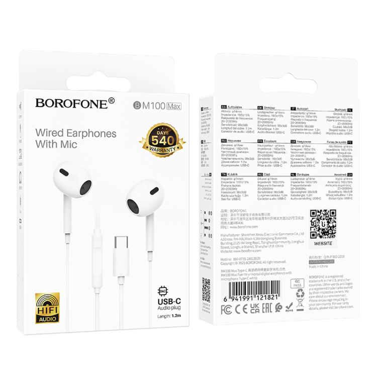 Borofone BM100 In-Ear Headset med USB-C 1,2m - Vit