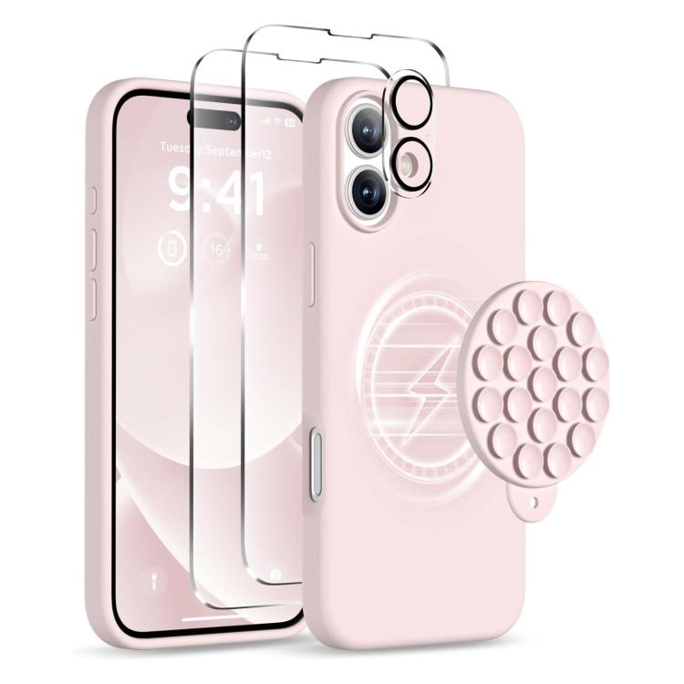 Skal med Magsafe och sugpropp + Skärm- och linsskydd till iPhone 16 - Rosa