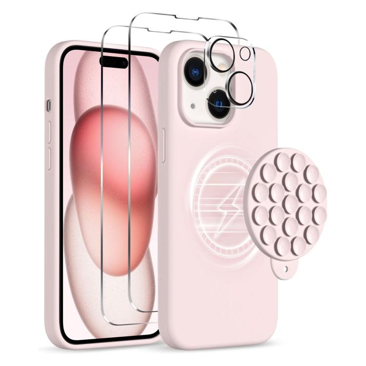 Skal med Magsafe och sugpropp + Skärm- och linsskydd till iPhone 15 - Rosa