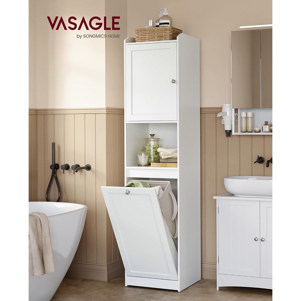 Högt badrumsskåp 40 x 40 x 170 cm med tvättkorg och justerbar hylla - Vit