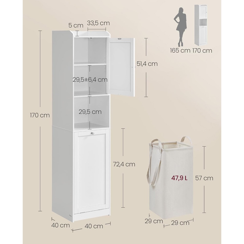 Högt badrumsskåp 40 x 40 x 170 cm med tvättkorg och justerbar hylla - Vit