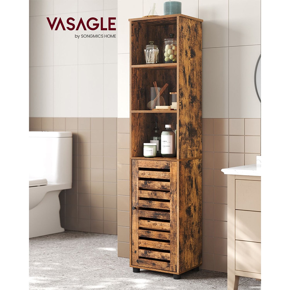 Högt badrumsskåp rustik brun / smalt högskåp / skåp med jalusidörr / golvskåp 167 cm