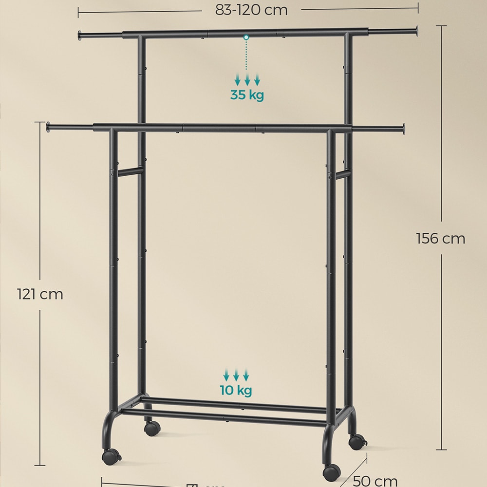 Klädställning 83–120 cm med hjul och utdragbara hängskenor - Svart
