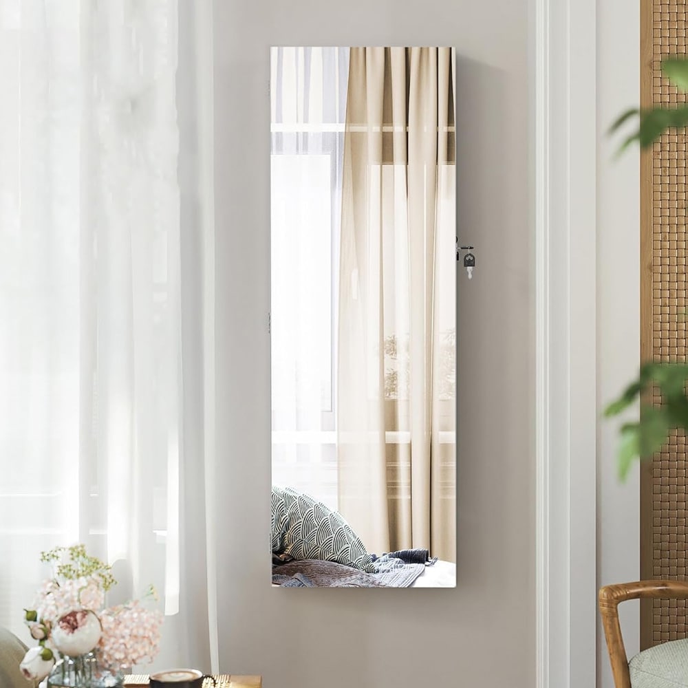 Vägghängt smyckesskåp med spegel och låsfunktion - Vit