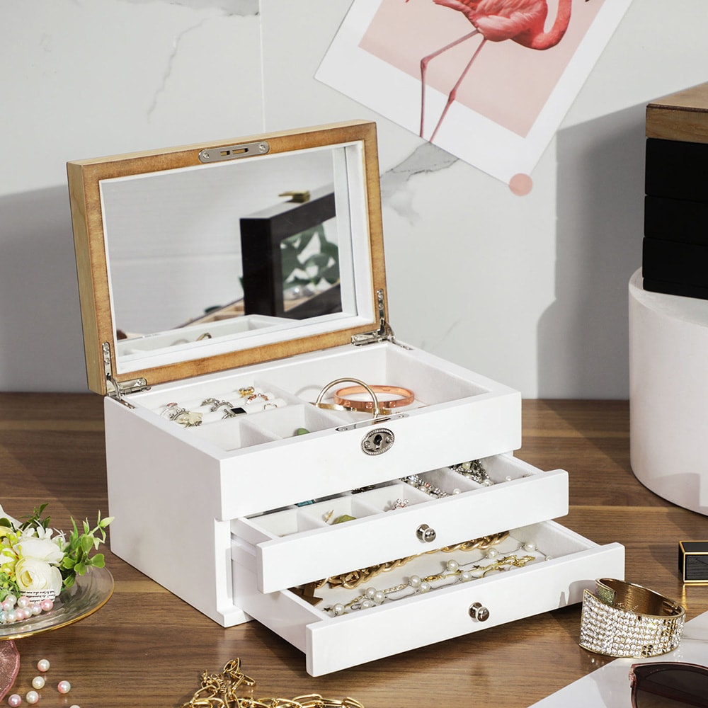 Smyckesskrin med 3 fack och stor spegel - Vit